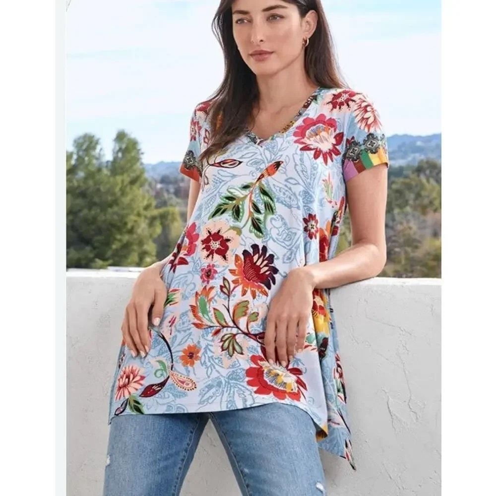 Johnny Was Rainbow Floral Drape Tunic 2XL